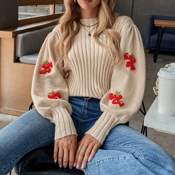 Sweaters - Strawberry Ribbed Knit Sweater Top Cozy Khaki